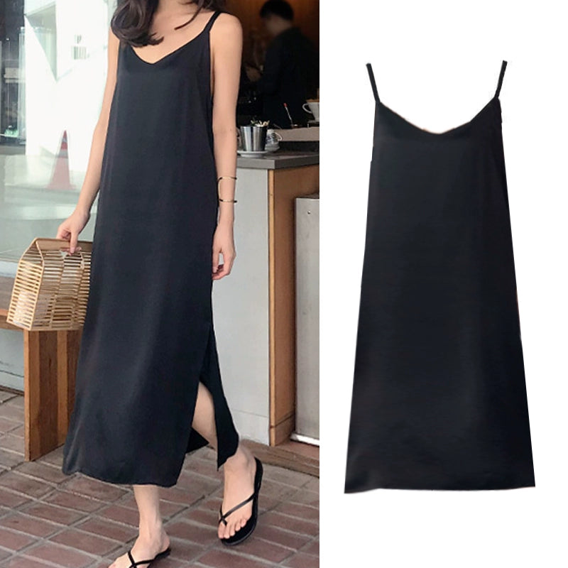 Korean Style V-neck Black Chiffon Sleeveless Slimming Slip Dress