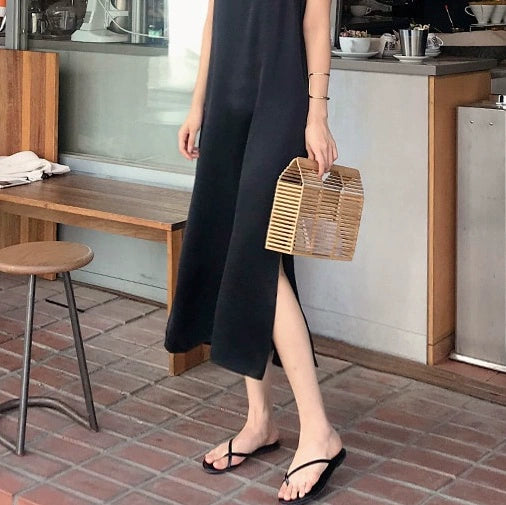 Korean Style V-neck Black Chiffon Sleeveless Slimming Slip Dress