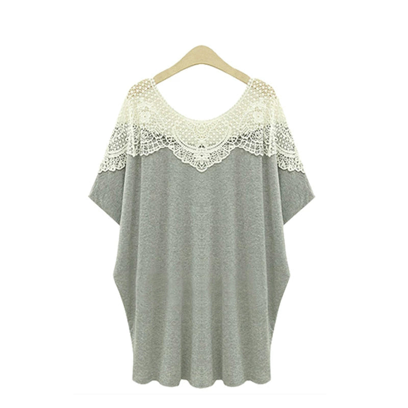 European Station Plus Size Ladies Loose Crocheted Hollow Short-Sleeved T-shirt