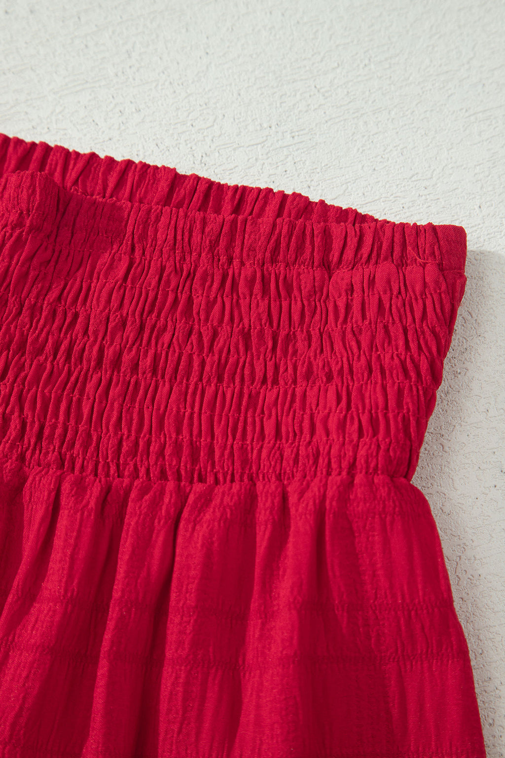 Fiery Red Textured Square Neck Top and Shirred High Waist Shorts Set
