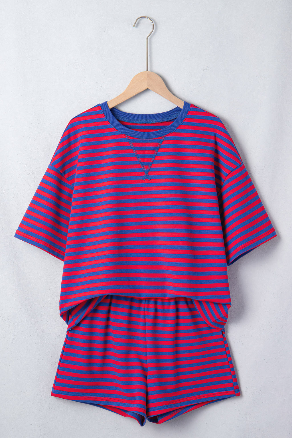 Green Stripe Striped Ribbed Cotton Two-Piece Pant Set with Chest Patch Detail