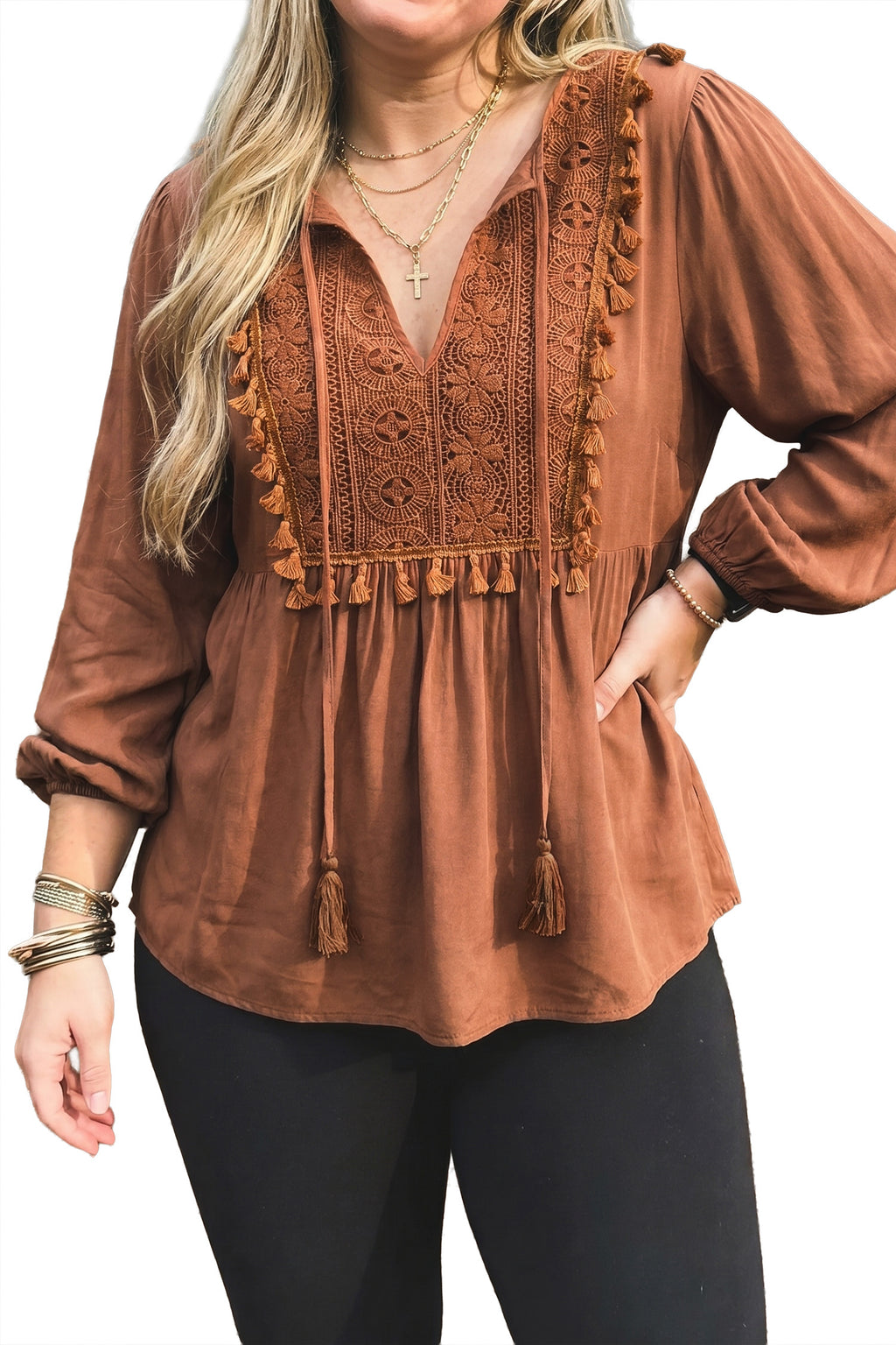 Chestnut  V Neck Embroidered Tassel Long Sleeve Plus Size Blouse