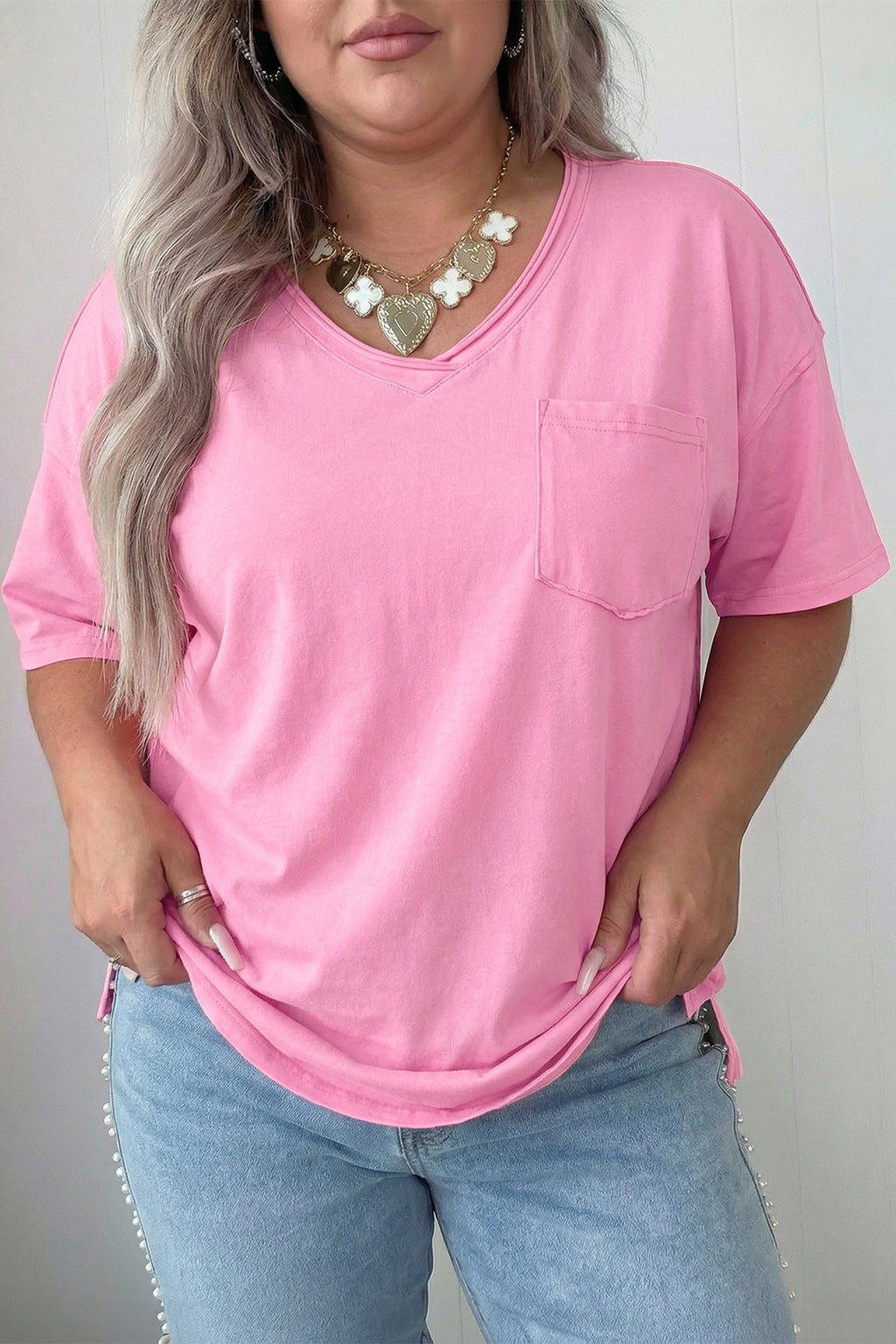 Sachet Pink Plus Size Mineral Wash Raw Edge Round Neck Tee
