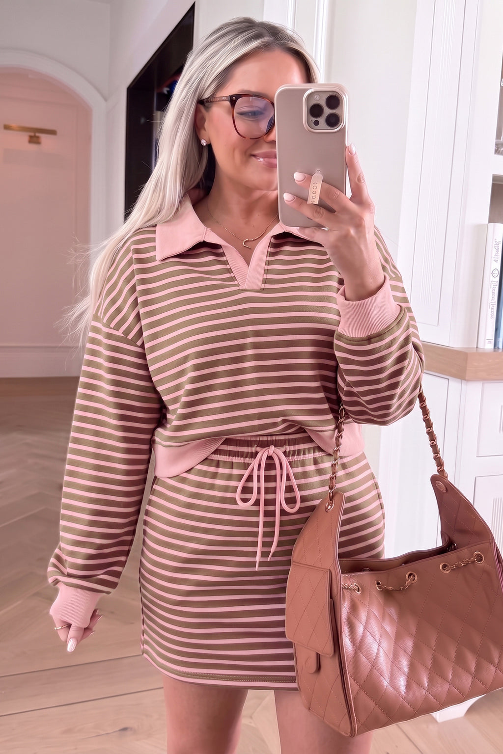 Brown Stripe Striped Drawstring Waist Long Sleeve Top Mini Skort Set