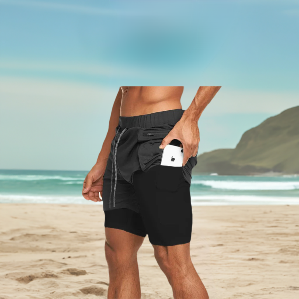 2 in 1 phone pocket gym shorts for men